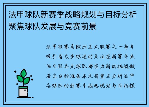 法甲球队新赛季战略规划与目标分析聚焦球队发展与竞赛前景