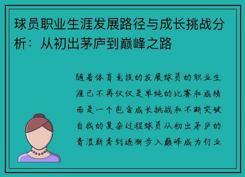 球员职业生涯发展路径与成长挑战分析:从初出茅庐到巅峰之路 球员职业生涯发展路径与成长挑战分析:从初出茅庐到巅峰之路